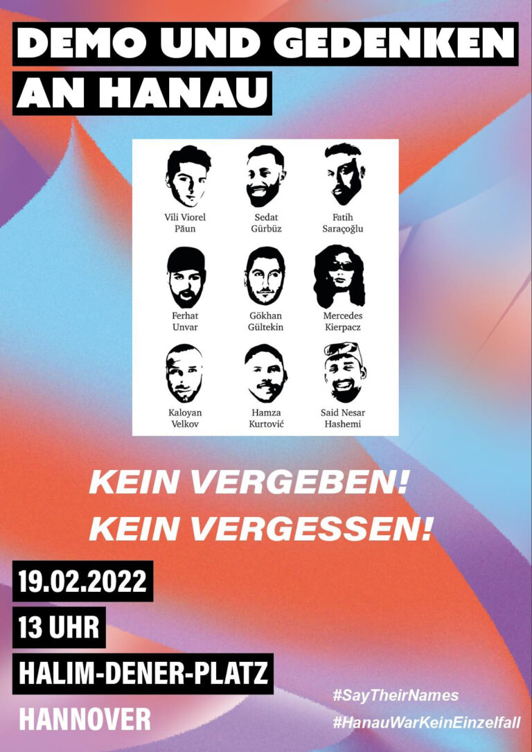 Kein Vergeben, kein Vergessen! Demo und Gedenken an Hanau. Flüchtlingsrat Niedersachsen